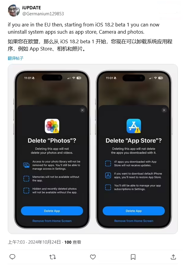 拉萨苹果手机维修分享iOS 18.2 支持删除 App Store 应用商店 