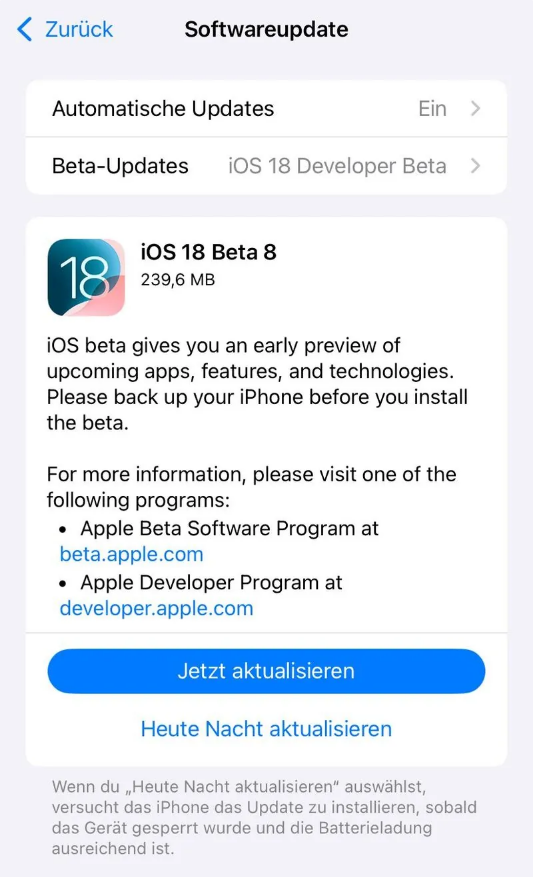 拉萨苹果手机维修分享苹果 iOS / iPadOS 18 开发者预览版 Beta 8 发布 
